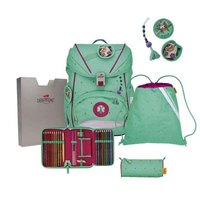 DERDIEDAS Schulrucksack ErgoFlex Set - 6 tlg. Peppermint Pony