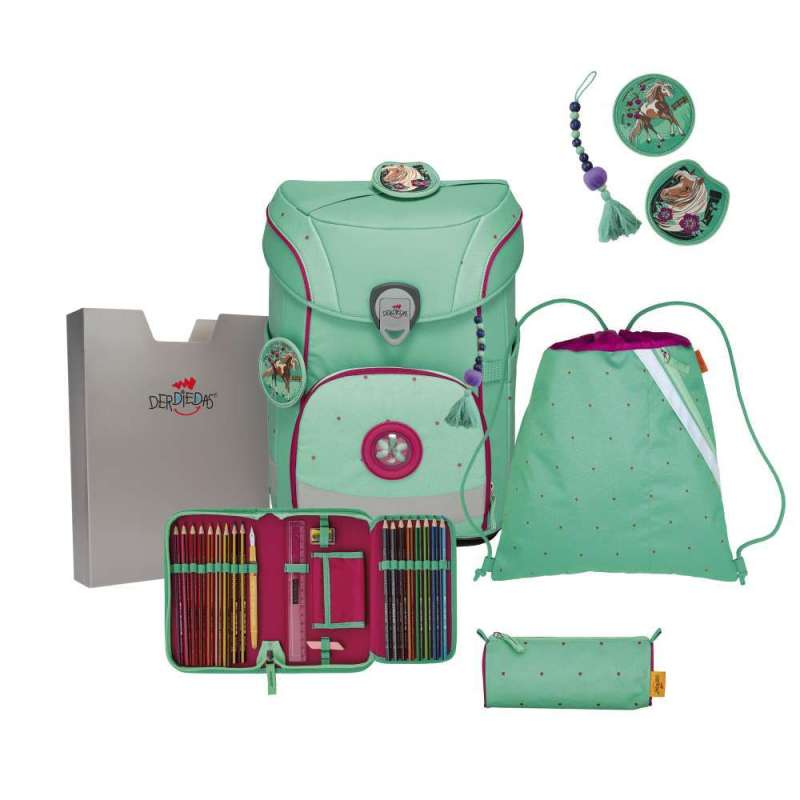 DERDIEDAS Schulrucksack ErgoFlex EASY Set - 6 tlg. Peppermint Pony