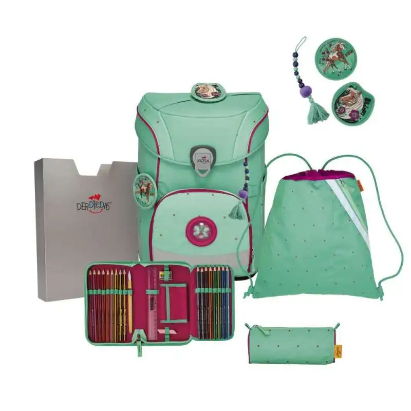 DERDIEDAS Schulrucksack ErgoFlex EASY Set - 6 tlg. Peppermint Pony