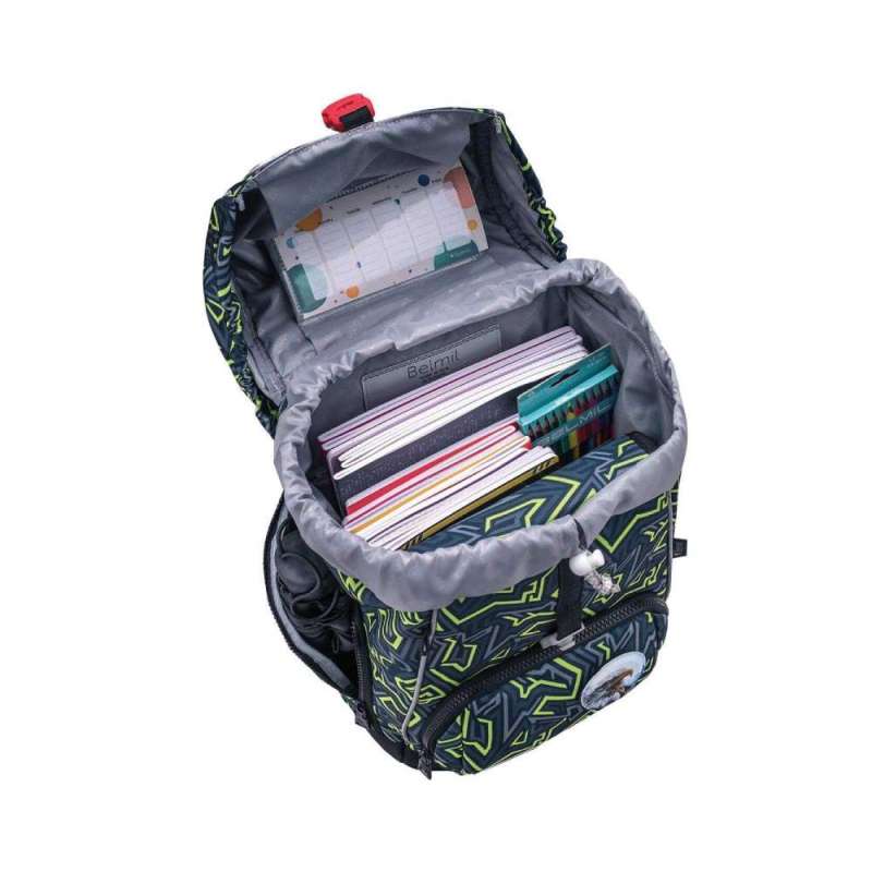 BELMIL Schulranzen COMFY PLUS Set 5 tlg - Iguana offen gefüllt