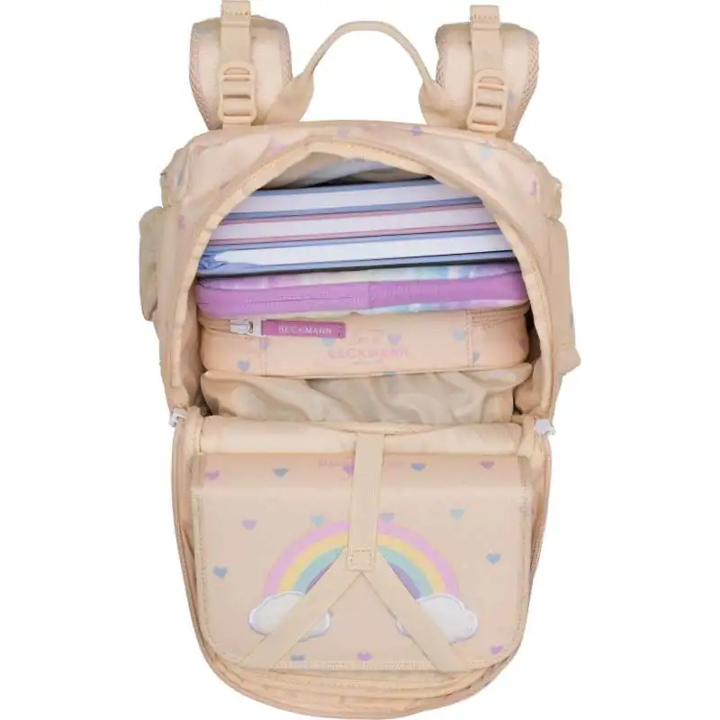 BECKMANN Schulranzen Active Air FLX 6 tlg - Yellow Rainbow oberes Fach geöffnet gefüllt