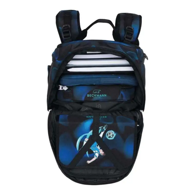 BECKMANN Schulranzen ACTIVE AIR FLX 6 tlg - Magic League oberes Fach geöffnet gefüllt