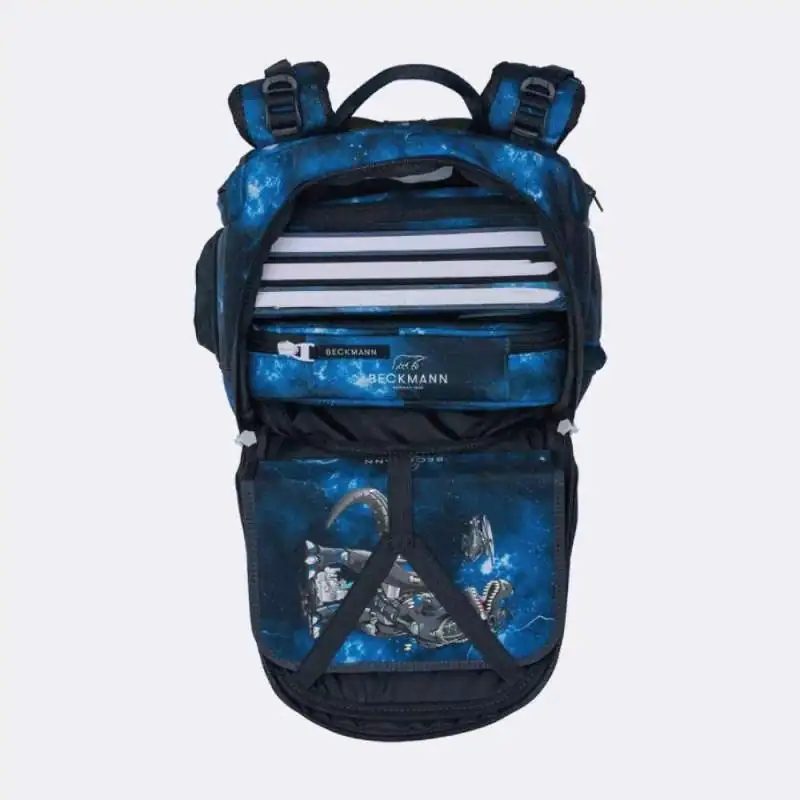 BECKMANN Schulranzen ACTIVE AIR FLX 6 tlg - Tech Rex oberes Fach geöffnet gefüllt