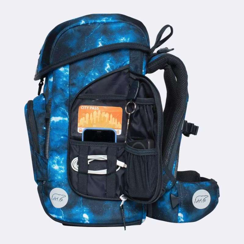 BECKMANN Schulranzen Set AIR PLUS 6 tlg - Tech Rex Seitentasche offen gefüllt