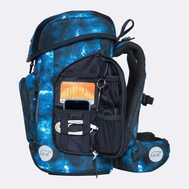 BECKMANN Schulranzen Set AIR PLUS 6 tlg - Tech Rex Seitentasche offen gefüllt